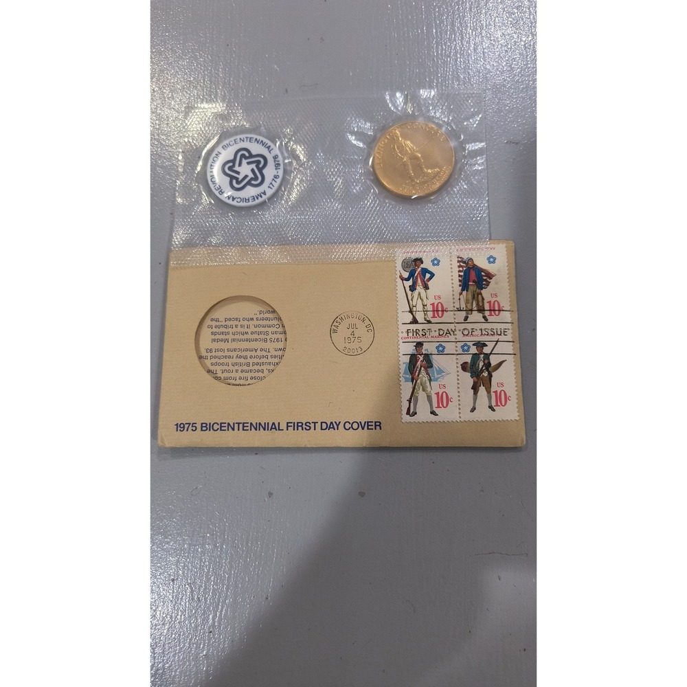 Vintage 1975 American Revolution Bicentennial First Day Cover with Medal & Stamp
